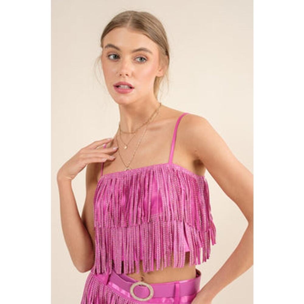 Main Strip Studded Fringe Festival Crop Top Bralette in Hot Pink, Size Small